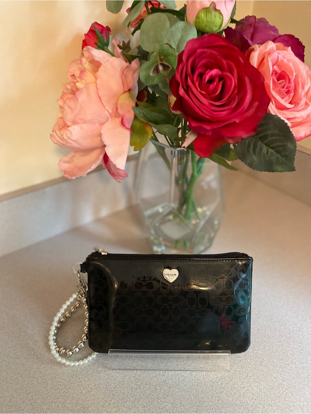 Coach Black Patent Signature Wristlet with Pearl Chain Accent